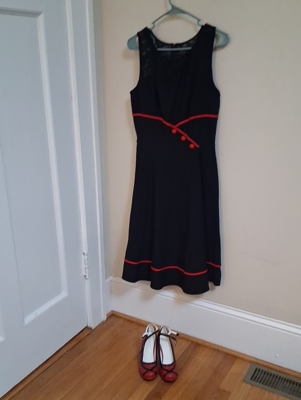 Black Midi Dress with Red Trim and Button Detail